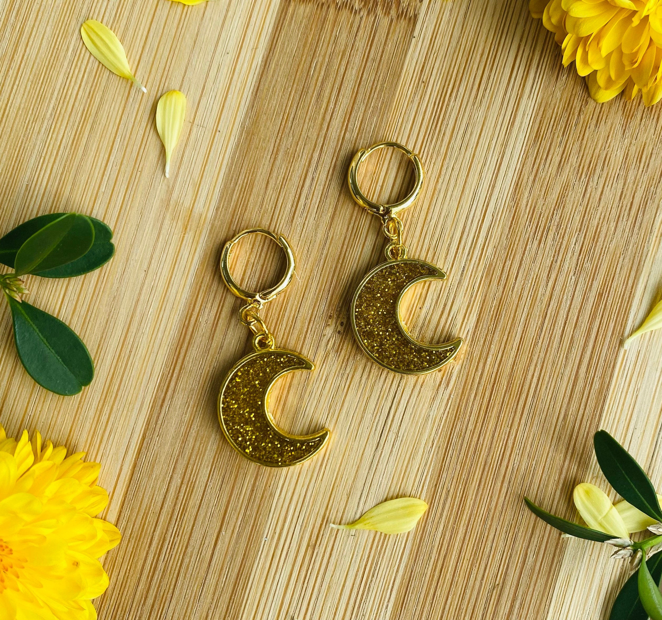 Gold Glitter Moon Hoops Pink Moon Made