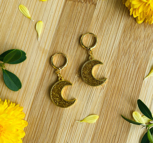 Gold Glitter Moon Hoops
